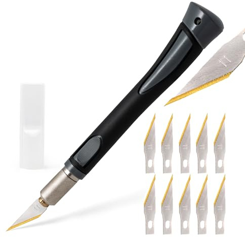 EHDIS Cuter Manualidades Precision con 10 Cuchillas de Premium de Titanio, Cuter de Precisioncon con Mango de Goma, para Cortar y Tallar, Gris