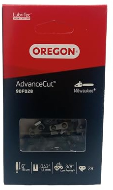 Oregon Catena per Motosega con Passo LP da 3/8, Calibro .043 (1,1 mm) Adatti a Barra da 6 (15 cm), con 28 maglie di trasmissione, Basso Contraccolpo, Compatibile con Milwaukee M12 FHS-0 e M12 FHS