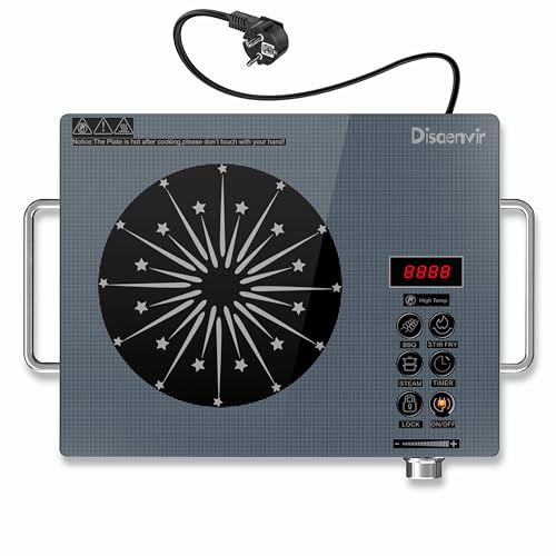 Disaenvir Plaque Vitrocéramique 1 Feux avec Bouton et Poignée | Plaque Électrique Portable avec Prise, Verre Bleu, Bouton Rotatif et Commandes Tactiles, Minuteur, 2000W, 220V
