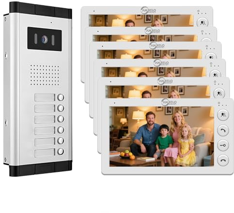 ANJIELO SMART 4-Wired Video Apartment Intercom System,2/3/4/5/6/8/10/12 Units 7 inch Monitor Video Door Phone Kit,Indoor Outdoor Video Doorbell,2 Way Audio,ID Card Unlock for Home (For 6 family)