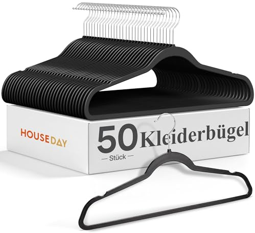 HOUSE DAY 50er Pack Kleiderbügel Kunststoff Schwerlast, 0,5cm Ultradünn Platzsparend Kleiderbügel, Fusselfrei & Abwischbar bügel mit 360° Drehbarer Haken, Ideal für Anzüge, Mäntel & Shirts - Schwarz