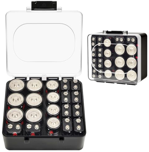 FULLCASE 20-Slot Battery Organizer for C, D and 9V Batteries, 2-Piece Case | Clear acrylic with snug slots and snap clasps keeps larger household batteries sorted for drawers or travel, Red, Case Only