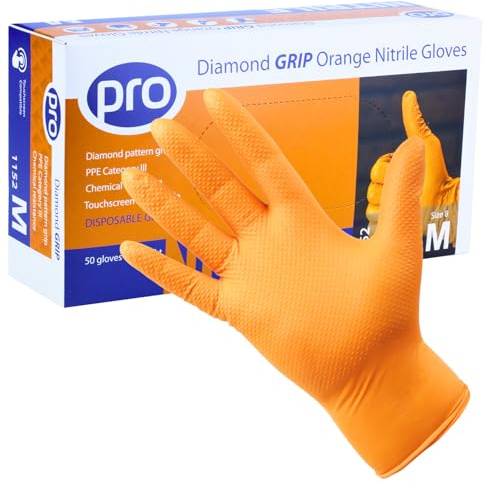 PRO Diamond Grip Orange 8g Nitrile Gloves, Heavy Duty, Medium - 50 Pack | Puncture-resistant, textured grip for wet/oily use. EN ISO 374 certified. Latex-free, powder-free. For Mechanics & Industry.