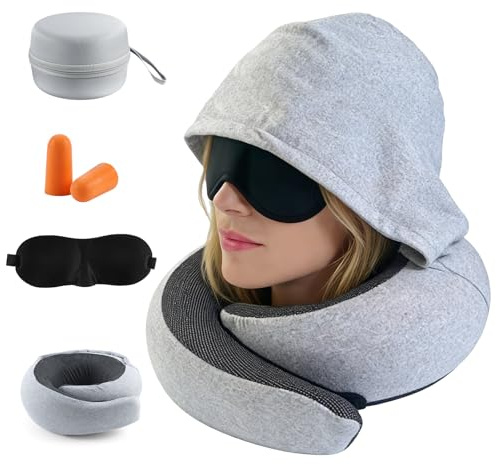 Aischens Nackenkissen Flugzeug Reisekissen mit Kapuze Verstellbares Grau | Memory-Schaum Nackenhörnchen mit Schlafmaske & Ohrstöpsel, Stützt Kopf & Nacken, Ideal für Auto Zug Büro EVA-Box