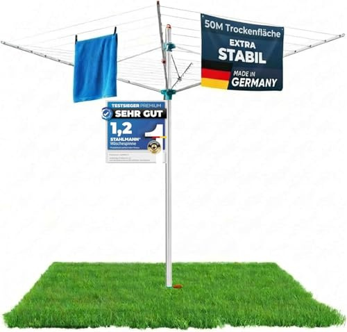 STAHLMANN® Wäschespinne [50 m Leinen] Made in Germany | Made in Germany | Wäschespinne draußen | inkl. Bodenhülse mit Deckel | Aluminium | stufenlos höhenverstellbar