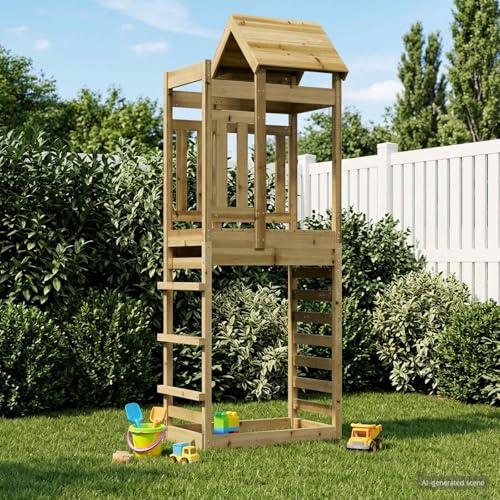 LoogCape Play Tower Brown 85 x 52.5 x 238 cm Made of Solid Impregnated Wood for Outdoor Use with Accessory Set, Sturdy Climbing Frame, Slide, Nest, Rope, Seesaw, for Children Aged 3 to 8 Years