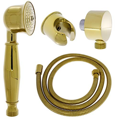 Nostalgie Retro Handbrause Brause Brausekopf Duschkopf mit Brauseschlauch Wandanschlussbogen und Brausehalterung aus Messing mit gold Oberfläche