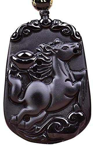 juanxian Feng Shui Natural Obsidian Gemstone Zodiac Zodiac Carving Amulet Pendant Necklace W4015 (Horse，Adaptable)