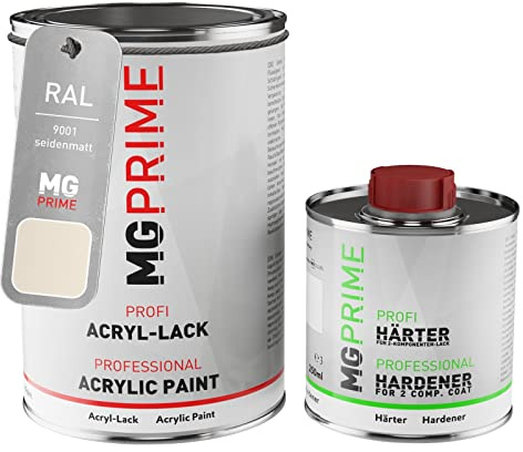 RAL 9001 Cremeweiss / Cream seidenmatt Acryl-Lack Dose + Härter 1,5 L | 2K-Set aus Lack + Härter, schnelltrocknend