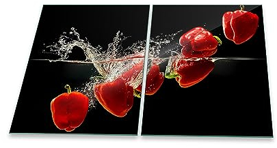 Herdabdeckplatte Abdeckung Ceranfeld Abdeckplatte Schneidebrett 2-Teilig 80x52 Paprika Rot Spritzschutz Glasplatte Ceranfeldabdeckung Schutz Herdschutz Sicherheitsglas Glasschneidebrett 2x40x52