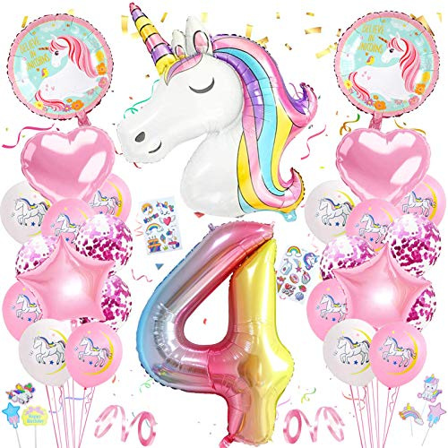 Einhorn 4 Geburtstag Deko,4. Geburtstag Mädchen, 4.geburtstagsdeko Einhorn | Luftballon 4. geburtstag Rosa,4. Ballon einhorn Deko