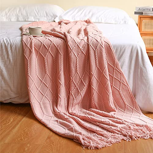 Strickdecke Einfarbig Waffelgeprägte Decke Nordic Dekorative Decke für Schlafsofa Überwurf Chunky Knit Überwurfdecke-rosa,130x230cm