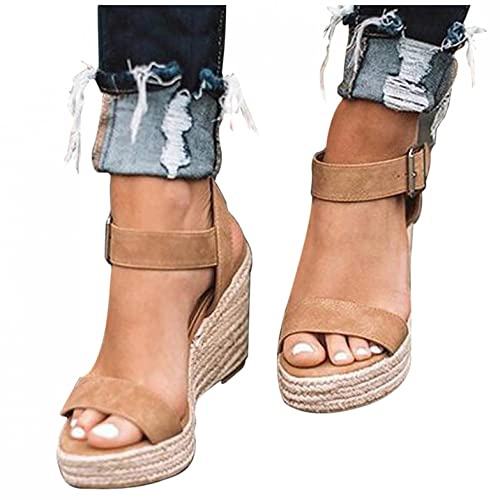 riou Sandalias Mujer Plataforma Verano 2022,Cuña Zapato Hebilla Punta Abierta Plano Zapatos Bohemias Romanas Hebilla Zapatillas-Variedad de Estilos (08 Marrón, 37 EU)