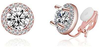 QUKE Orecchini a clip con zirconi da 8 mm, rotondi, non forati, per donne e ragazze, 1 cm x 1 cm, Cristallo