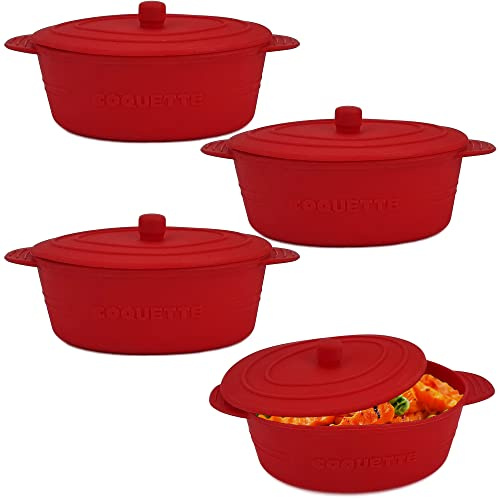 Backofen Dampfgarer / Auflaufform aus Silikon - 4er Set Rot - mit Deckel für die Zubereitung von Gemüse, Fisch, Fleisch oder Dessert - Spülmaschinengeeignet und Hitzefest von -40°C bis 200°C