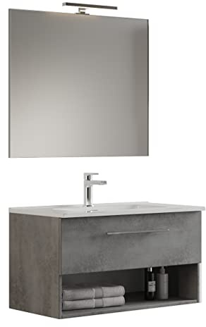 Mama Store GEA2 100 - Mobile Bagno Sospeso 100 CM Cassetto e Vano a Giorno Grigio Cemento con Lavabo, Specchio e Lampada LED, L.101 X P.46 X H.45 cm