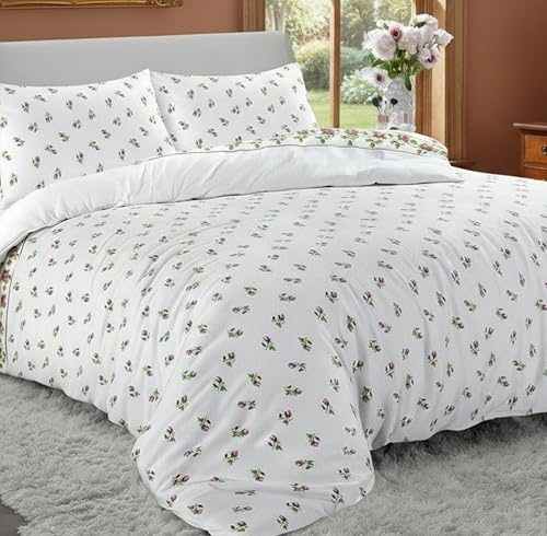 Rohi Soft & Warm 100% Brushed Cotton Bedding King Duvet Cover Set – 3pcs Floral Bedding Set –Hypoallergenic Flannelette Bedding Set & Pillowcases (King Size, Lilac Rose Bud)