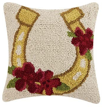 Peking Handicraft Gold Horseshoe with Flowers, Hook Pillow, Wool and Poly Velvet