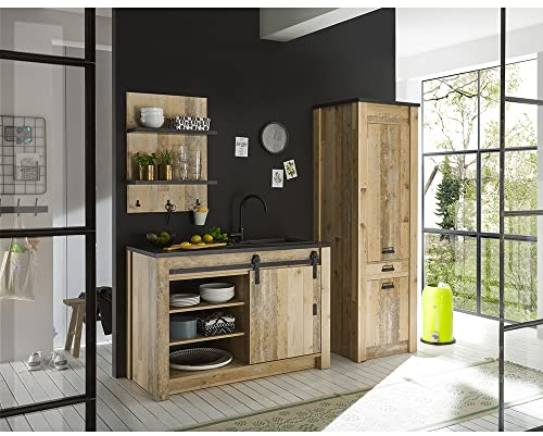 Lomadox Küchenmöbel Küchen Set, Old Style hell Nb. mit anthrazit, Wandregal 60cm, Stauraumschrank mit Softclose, Spültisch 133cm mit Scheunentorbeschlag