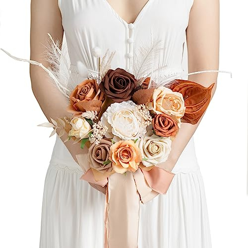 Ling's moment Brown Artificial Wedding Flower Bouquets for Bridesmaids Boho Floral Bouquet Ivory Bridal Bouquets for Bridesmaids with Ribbon Ceremony Anniversary,7-inch Diameter
