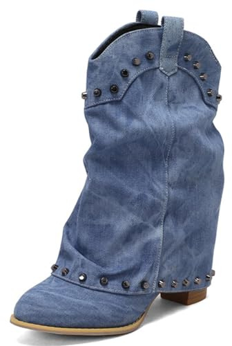 CRETUAO Stivali ripiegabili con Rivetti Moda Donna,Stivali di Jeans Larghi al Polpaccio con Punta Tonda,Stivali Classici con Frange con Tacco Spesso e Stivali al Polpaccio