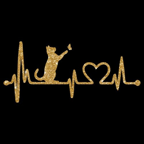 Glitzerdeals Bügelbilder Glitzer Katze auf Herzline EKG Katzen gold Aufbügler für Textilien Karneval Kostüm Katzen Bügelflicken Katze Fasching Patch zum Aufbügeln Katzen