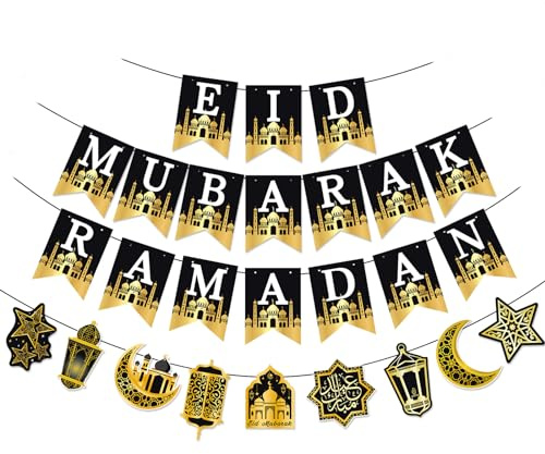 AhfuLife Décorations du Ramadan Mubarak, décorations de l'Aïd Mubarak pour la maison, bannières pré-assemblées pour l'Aïd Ramadan – Décorations islamiques noires et dorées avec 16 ballons pour