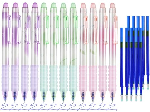 BAYTORY Löschbare Stifte, Einziehbare Feine Spitze, 0,5 mm Gelstifte mit Radiergummi, Transparent, 12 Blaue Tintenstifte und 10 Nachfüllungen, Glattes Schreiben für Notizen, Kreuzworträtsel
