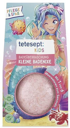 tetesept KIDS badöverraskning liten badenixe 140 g – bubblande badboll med härlig doft och havsdjur samlarfigur – hudvårdande badnöje och rosa vatten, vegansk