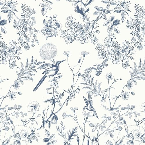 Yomshi Selbstklebende Tapete Blau und Weiß Tapete 44CM×10M Blumen und Vögel Klebefolie Verdicken Möbelfolie DIY Blumentapete Vinyl Wandtapete Dekorfolie Wohnzimmer Schlafzimmer