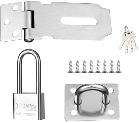 Door Hasp and Staple with Padlock, Door Latch Hasp, 3 Inch Heavy Duty Hasp and Staple Door Clasp Gate Latch 90-Degree Door Lock with Keys and Screws for Shed Garden Bedroom