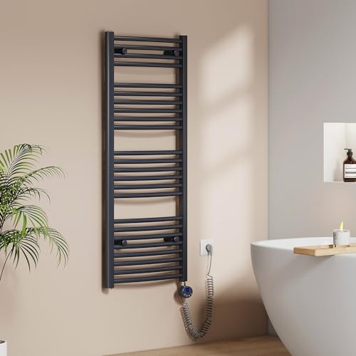 EMKE Radiador Toallero Eléctrico para Baño 120 x 50 cm, Antracita, 500 W | Radiador Curvado con WiFi Termostato, Calientatoallas Eléctrico, Soporte Toallero Eléctrico