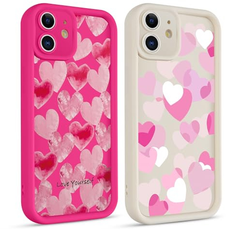 Phoona 2 packs Love Heart Print Phone Case for iPhone 12 mini 5,4'', Cute Pattern Aesthetics Design with Full Camera Lens Cover, Soft Shockproof Protective Bumper Funda for Women Girls