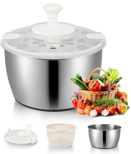 Grande Essoreuse à Salade en acier inoxydable,4.8L en Acier Inoxydable Grande,Essoreuse à Salade de Haute Qualité,Spinner à Salade avec manivelle et Bouton d'arrêt,pour Laver et égoutter Les Salades