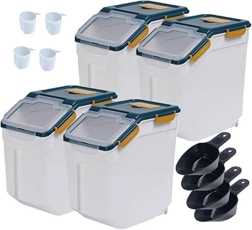 Uotyle 15Kg Flour Storage Containers, 4Pcs Airtight Rice Organizer Box with Wheels/Scoop/Measuring Cup, PP Cornflakes Dispenser Bin for Grain, Cereal, Nuts, Beans, Sugar, Pasta, Pet Food (Blue, 15Kg)