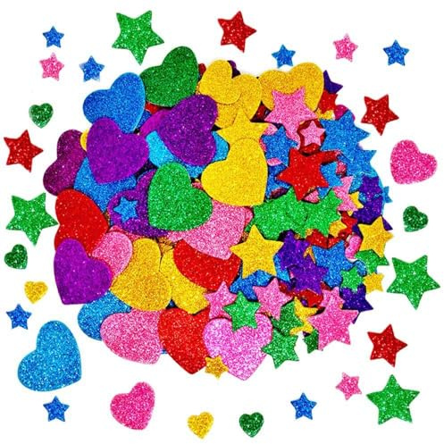 Probuk 150 Stück Glitzer Schaumstoff Aufkleber, Selbstklebende Sterne & Herzen, Bunte Sticker für Kinder, DIY Basteln, Wanddeko & kreative Gestaltung