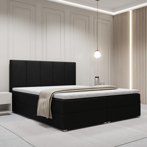 FurniDe24 Boxspringbett mit Taschenfederkernmatratze H3, Polsterbett mit vertikaler Ziernaht und 2 Bettkästen, Topper-Matratze 3cm, verstärkter Rahmen, schwarz Plüsch, 160x200cm - Sorento