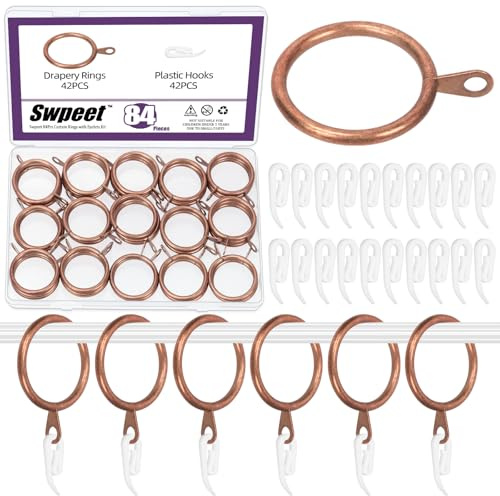 Swpeet 84Pcs 30mm rame rosso anello della tenda in metallo con gancio della tenda in plastica Kit assortimento, Drape scorrevole occhiello, clip anelli per la barra, camera da letto bar dell'hotel