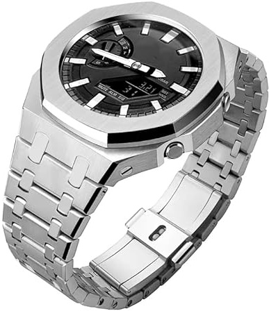 GA2100 Kit de boîtier de montre en acier inoxydable avec lunette lisse sans clous et bracelet en métal compatible avec les montres Casio G-Shock GA2100/GA-2110, Argenté., Adjustable strap, Minimaliste