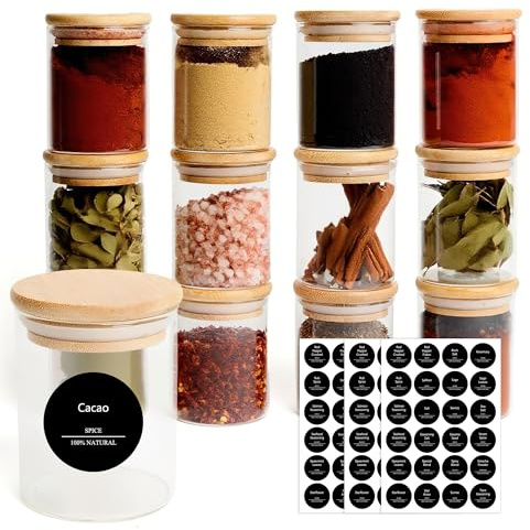 INCETUE 12 Pcs Glass Spice Jars Set with Lids and Labels, 7oz/200ml Seasoning Jars with 192 Black Labels, Small Airtight Glass Storage Container with Bamboo Lids for Salt,Sugar,Herbs,Nuts,Coffee,Tea