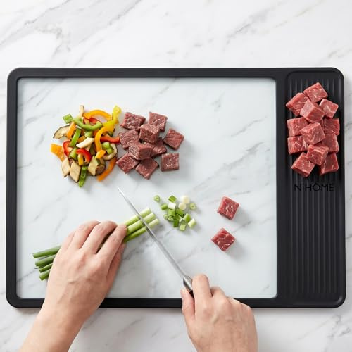 NiHome Glass Chopping Board 38x27cm, Tempered Glass Cutting Board with Non-Slip Silicone Edges, Dual Zones Worktop Saver, Heat Resistant Dishwasher Safe Kitchen Countertop Protector Tray (Black)