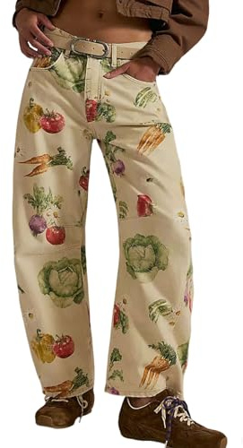 loveimgs Women Boyfriend Baggy Barrel Jeans Floral Print Denim Ankle Pants Wide Leg Mid Rise Jeans Sweatpants Y2k Patchwork, Vegetable, Large