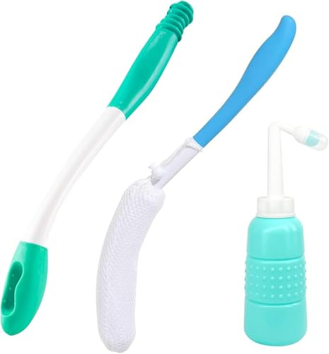 SuQurtom Toilet Aids Set for Wiping, 3-Piece Long Handle Butt Wiper for Elderly & Disabled Care, Hygiene Wiping Tools with Bidet Brush & Travel Accessories, Safe Bottom Cleaner for Pregnant Users