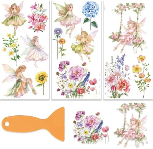 OLYCRAFT 3 st/set blomma gnuggning på överföringar för möbler och hantverk 15 x 30 cm älvsving möbeldekaler dekor blommor överföringsklistermärken med 1 st skrapa för klippbok fönster gör-det-själv