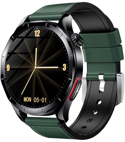 Lgnitek 2025 Neu Smartwatch Herren, 1,43 AMOLED Smart Watch mit 24H Schlafmonitor Fitnessuhr Android/iOS, Grün Lederarmband