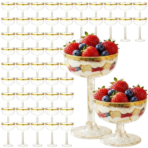 Partyware 55 Pack Plastic Champagne Coupe Glasses 7oz Detachable Goblets | Gold Rim, Shatterproof Holds Cocktails & Desserts. Stackable for Storage, Fit Wedding, Birthday Indoor Outdoor Parties