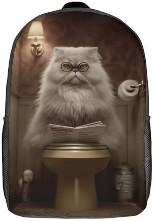 POLIUAWS 3D Printed School Backpack Children's Backpack Cat in Glasses Reading Magazine on Toilet Book Bags High Capacity Travel School Bags for Kids/Students/Adults 17inch