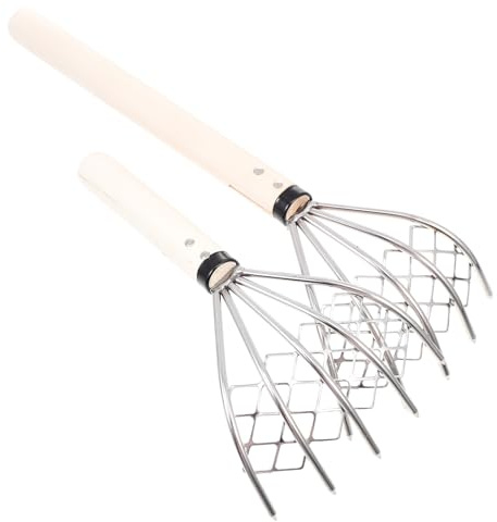 GATHINESS Rastrello a 5 Denti in Acciaio Inox 304 Manico in Legno, Set da 2 Strumenti Manuali per Scavare Frutti di Mare e Conchiglie, Utensili da Spiaggia per Raccolta Vongole e Pesca