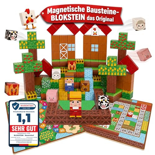 BLOKSTEIN® Magnetische Bausteine inkl. Brett- & Spielkarten I 154 Teile I 2,5 cm große Magnetbausteine I Montessori Spielzeug ab 3 I Magnetic Building Blocks für Kinder I Pädagogisches Magnetspiel