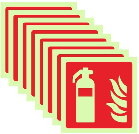 TIHNY 8-pack Brandsläckare Skyltar 10 x 10 cm, Självhäftande PVC-dekaler Efterlysande, Brandskyddsskyltar för Hem och Kontor